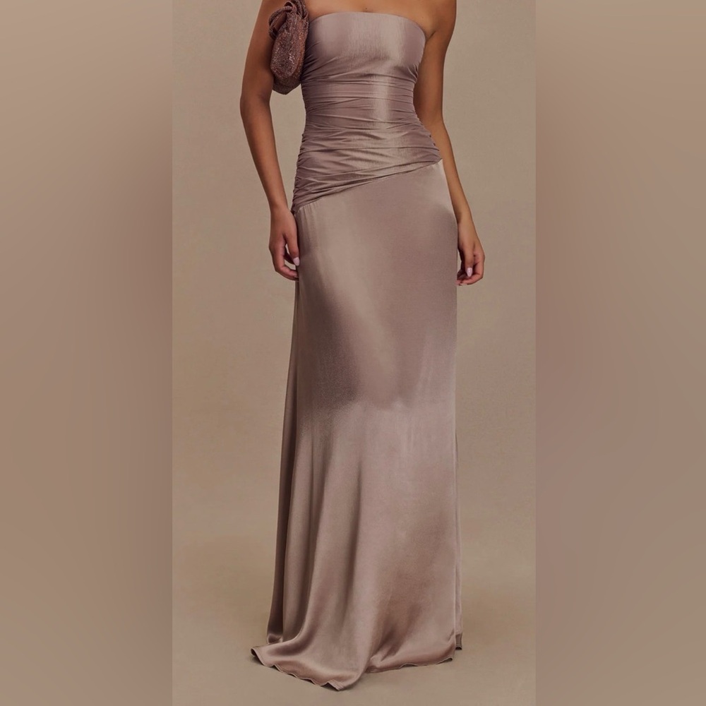 Strapless Taupe Satin Evening Gown